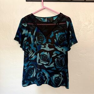 Worthington Black and Blue Floral Sheer Blouse